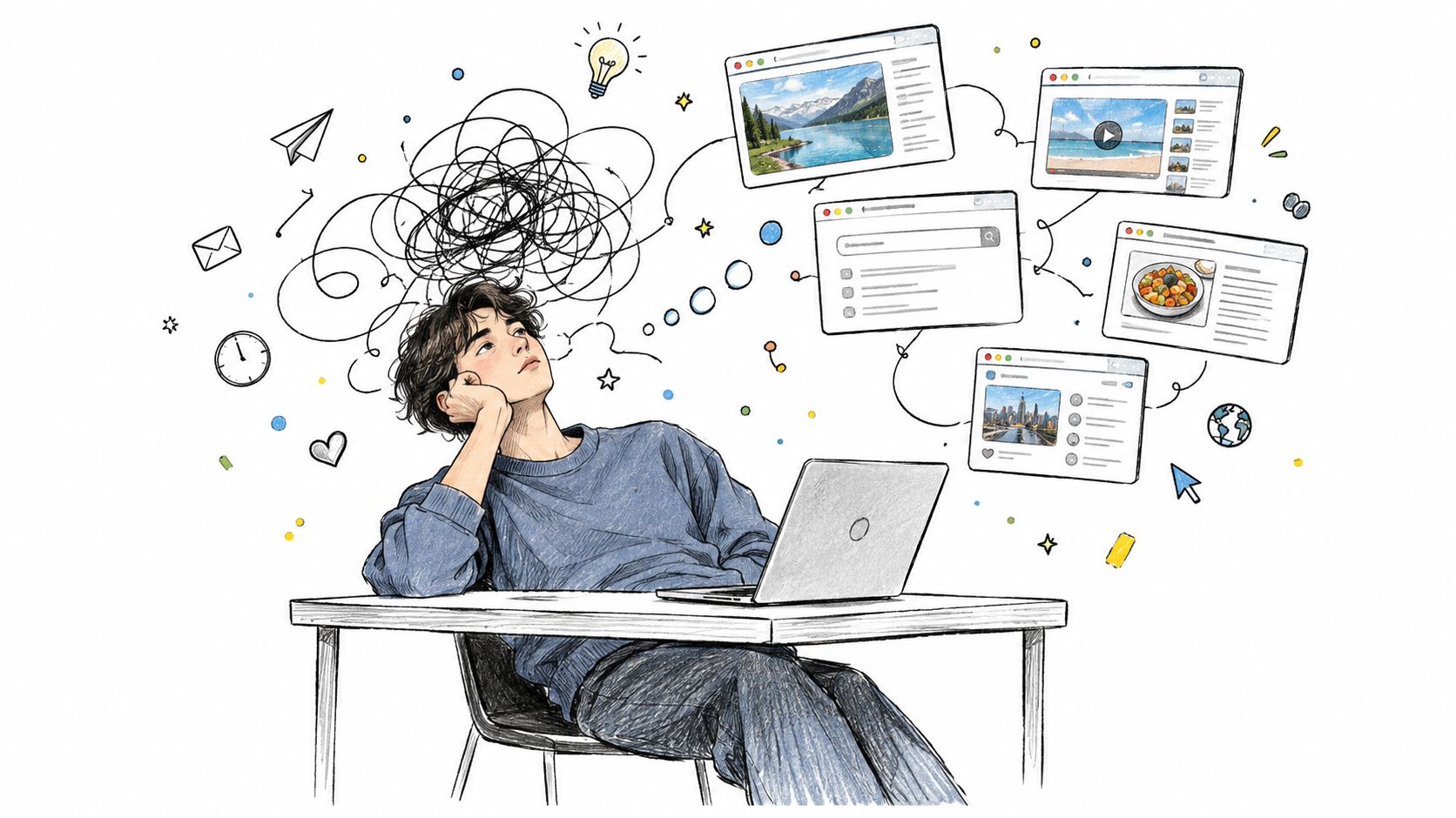 A person sitting at a desk with a laptop, looking overwhelmed by many open web browser tabs.
