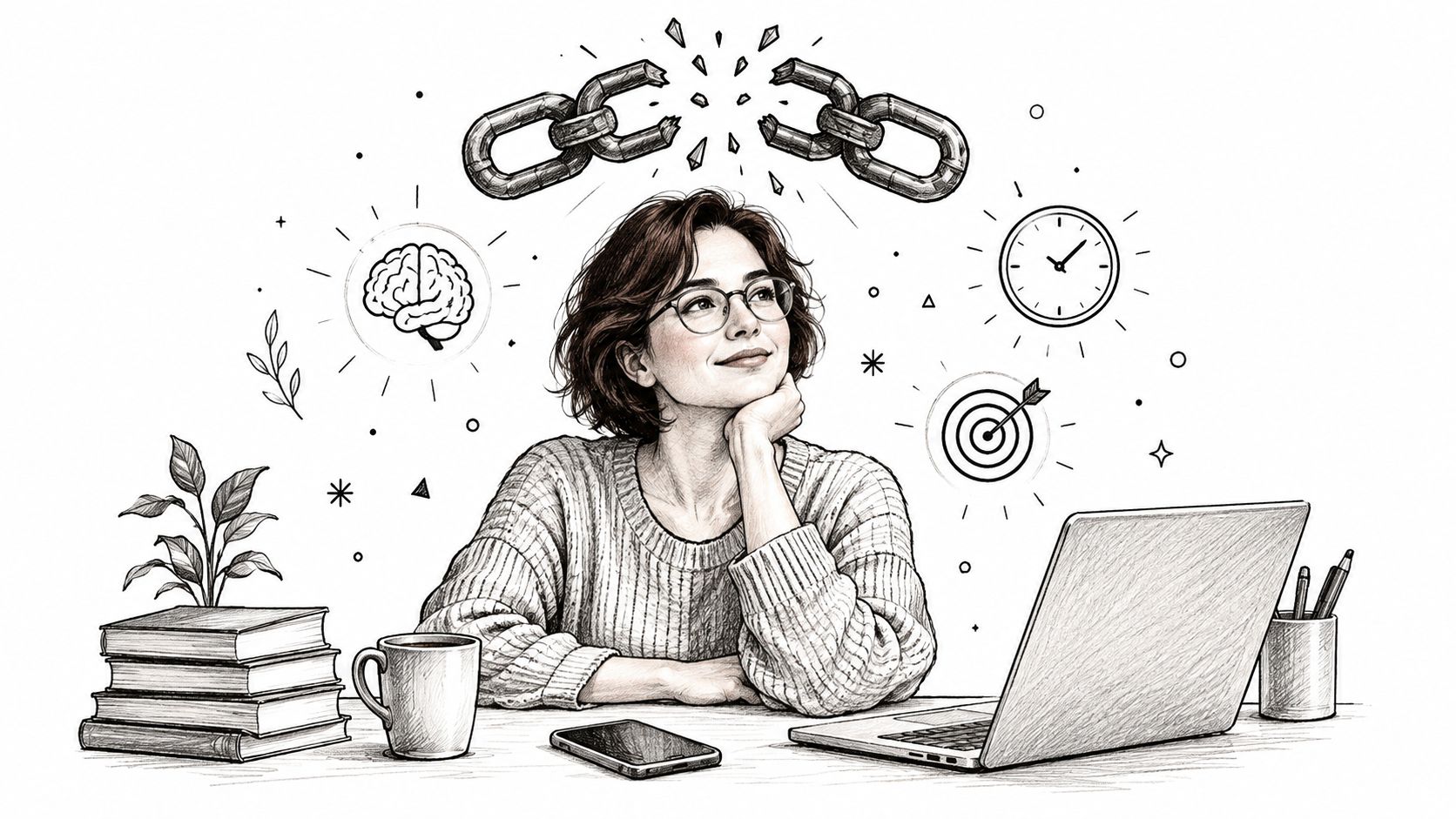 A woman sitting at a desk with a laptop, looking thoughtful with icons representing mental focus and goals.