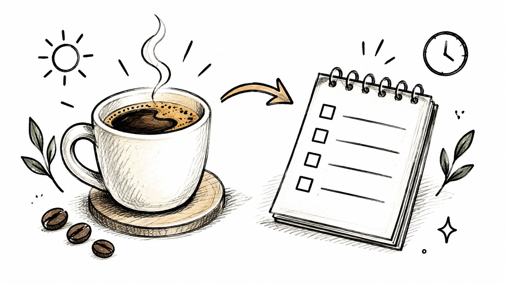 A hand-drawn illustration showing a steaming cup of coffee next to a blank daily task list.
