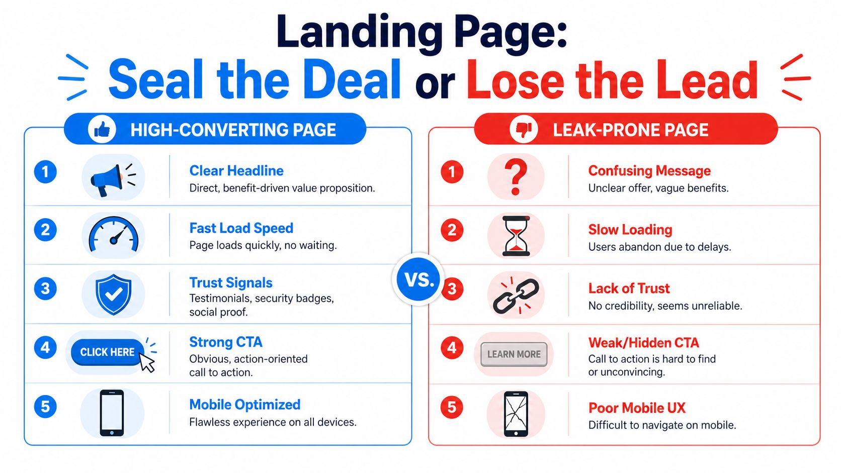 A comparison infographic showing five key elements for high-converting landing pages versus common leak-prone page mistakes.