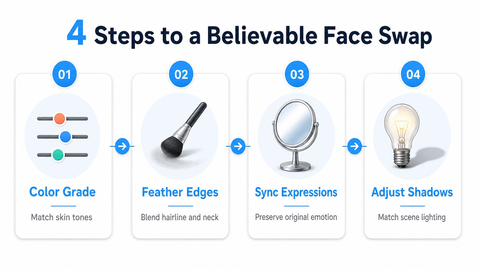 A four-step infographic illustrating the process of creating a believable face swap using photo editing techniques.