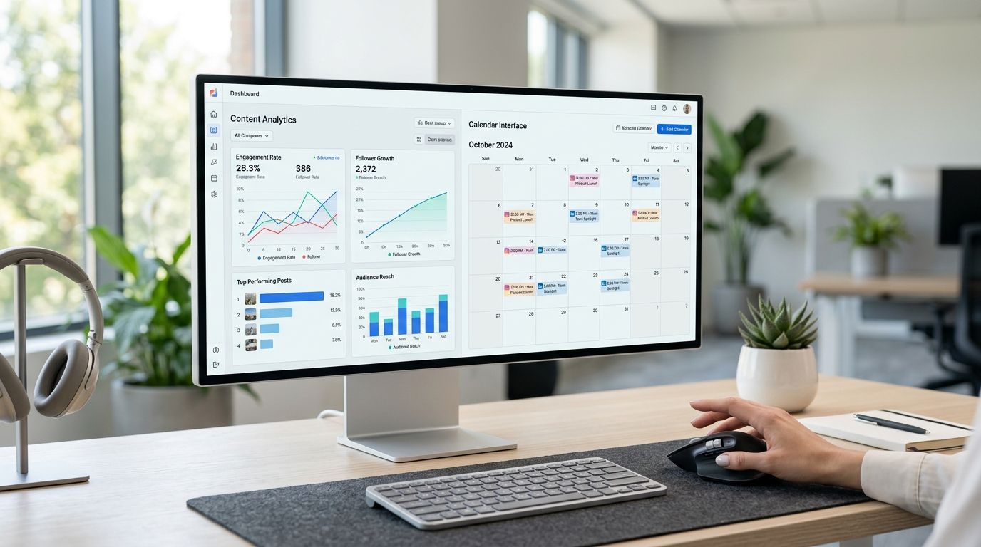 A professional desk setup featuring a large monitor displaying content analytics software and a calendar interface.