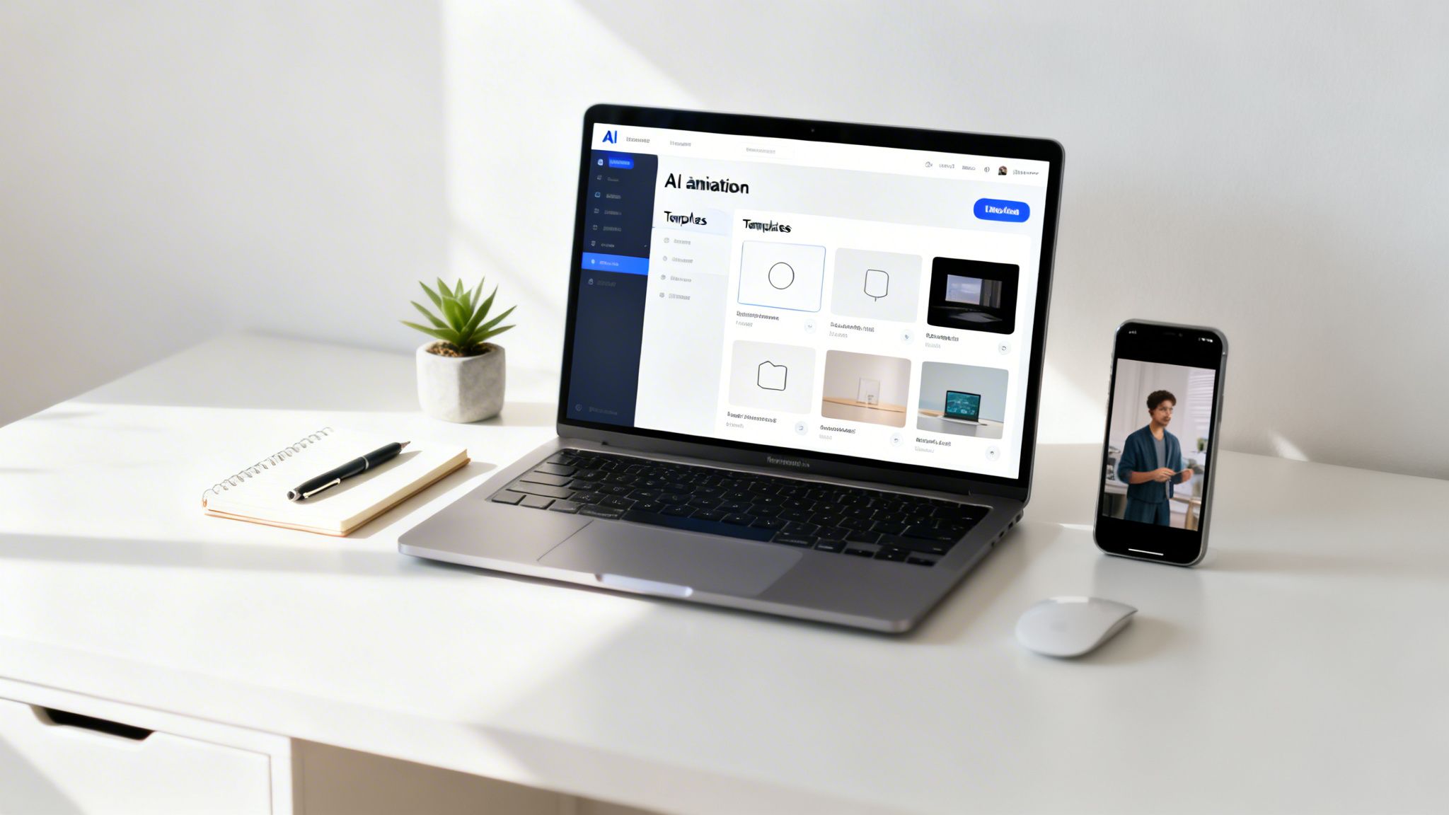 A modern workspace with a laptop displaying an AI animation dashboard and a smartphone playing a video.