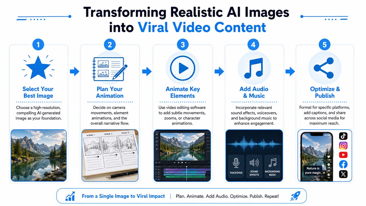 A five-step infographic showing how to transform realistic AI-generated images into viral social media video content.