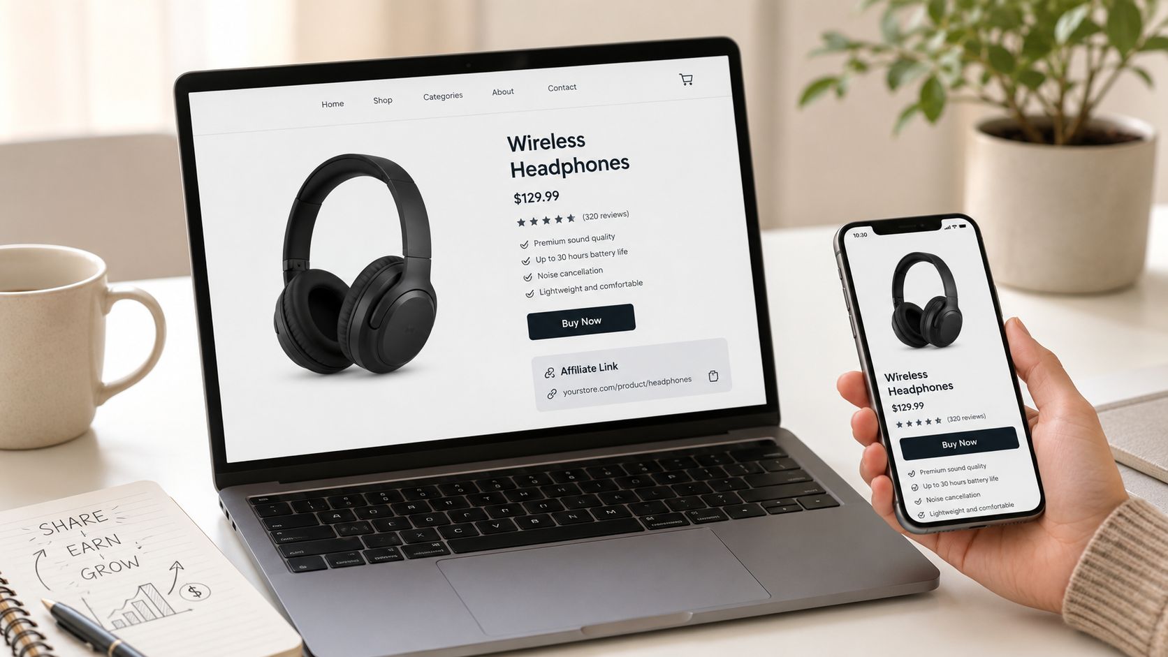 A laptop and a mobile phone displaying a website selling wireless headphones on a desk with a notebook.