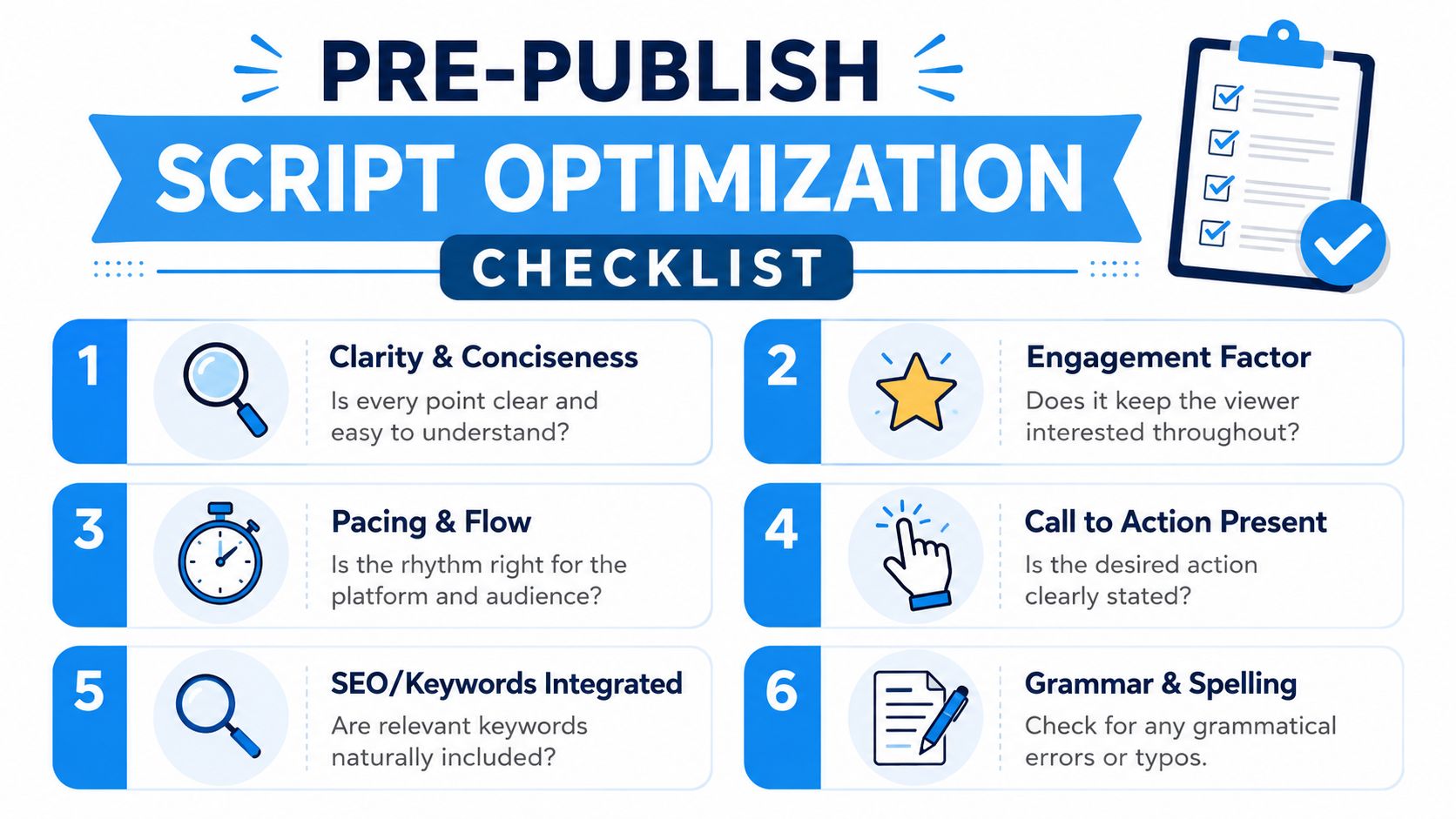 A checklist infographic titled Pre-Publish Script Optimization featuring six key steps for refining video content.