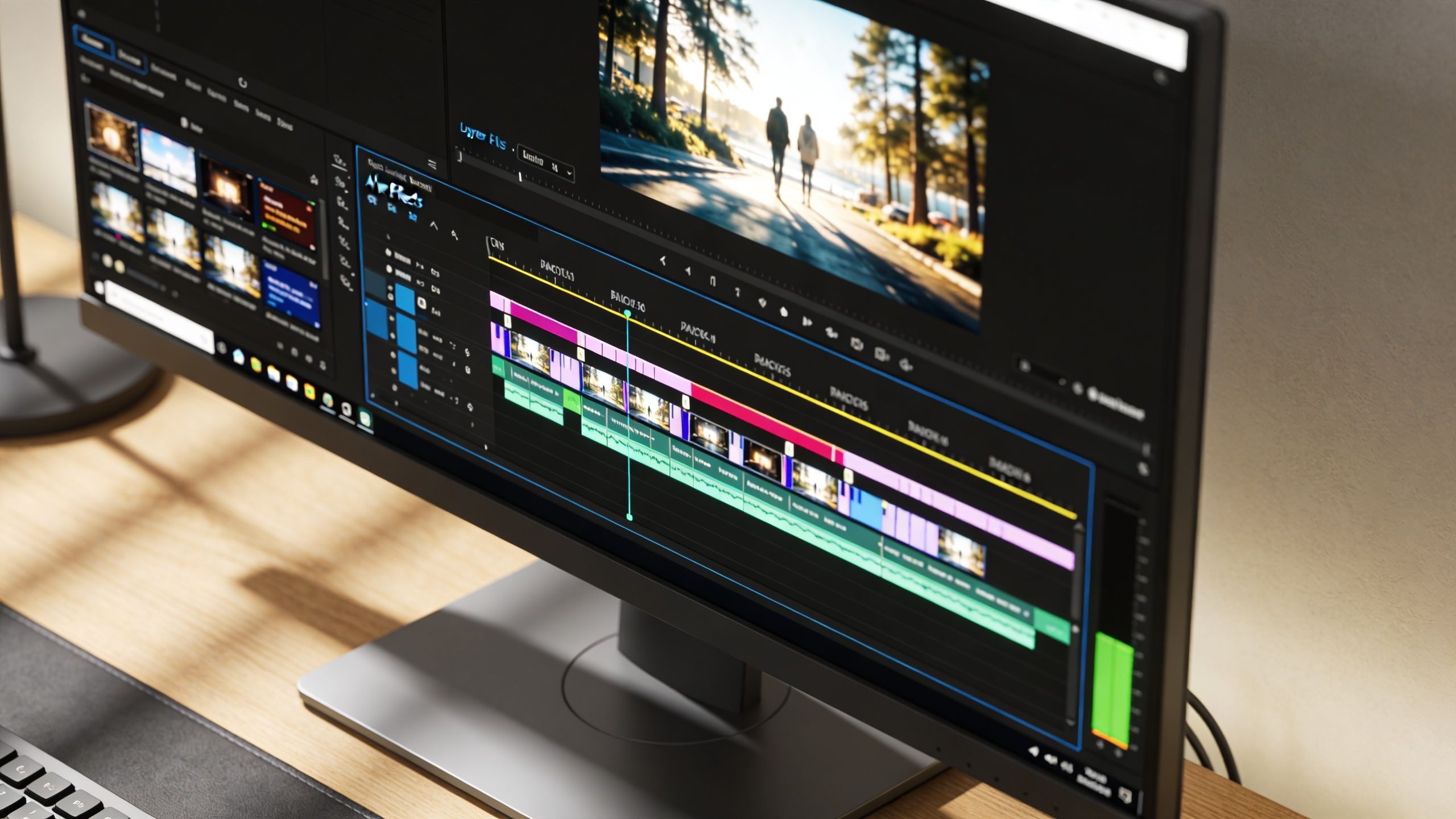 A computer monitor displaying video editing software with a timeline sequence and preview window open.