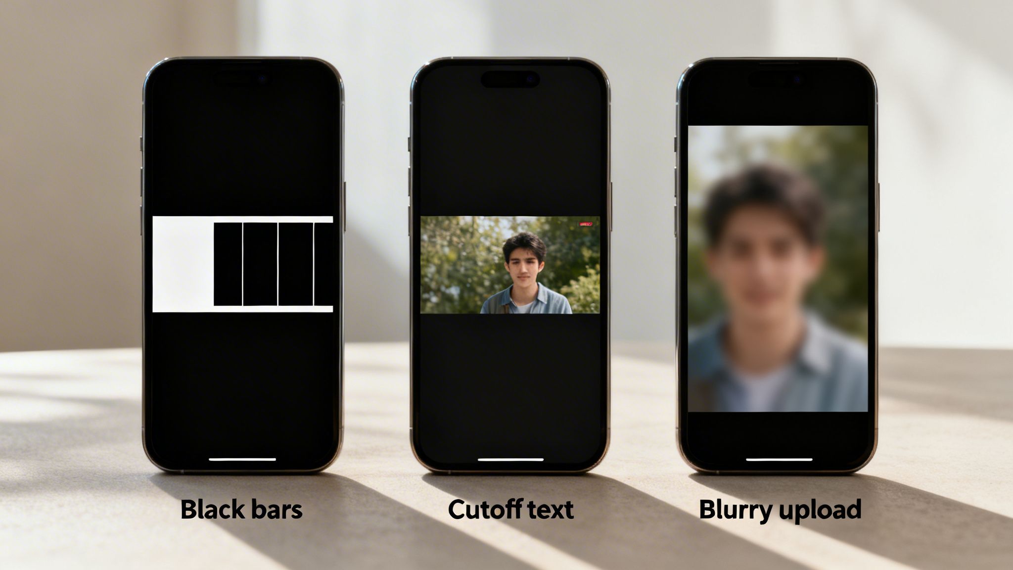 Three smartphones demonstrate common video upload issues: black bars, cutoff content, and blurry quality.