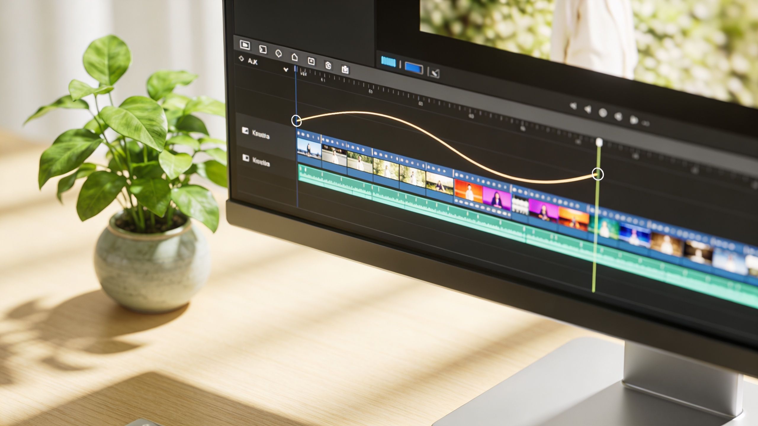 A professional video editing software interface displayed on a computer monitor with a small green plant nearby.