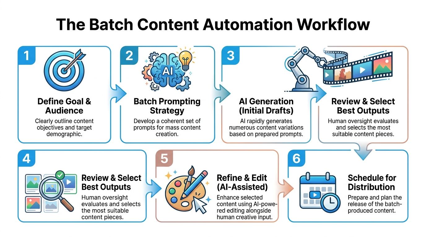 A six-step infographic illustrating the batch content automation workflow using artificial intelligence for efficient media production.
