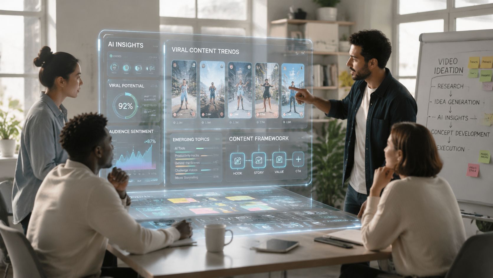 A diverse creative team collaborates on a video production workflow using an advanced digital holographic interface.