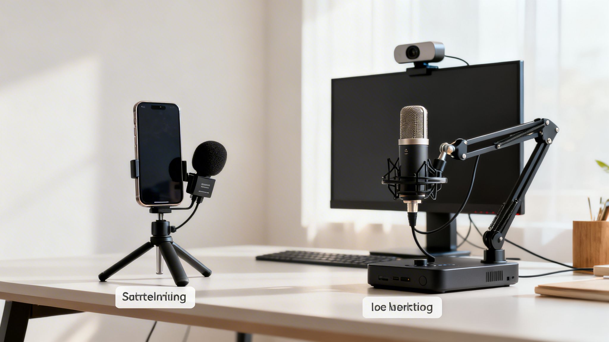 Two distinct podcasting or live streaming setups are displayed on a clean white desk, one mobile and one professional desktop.