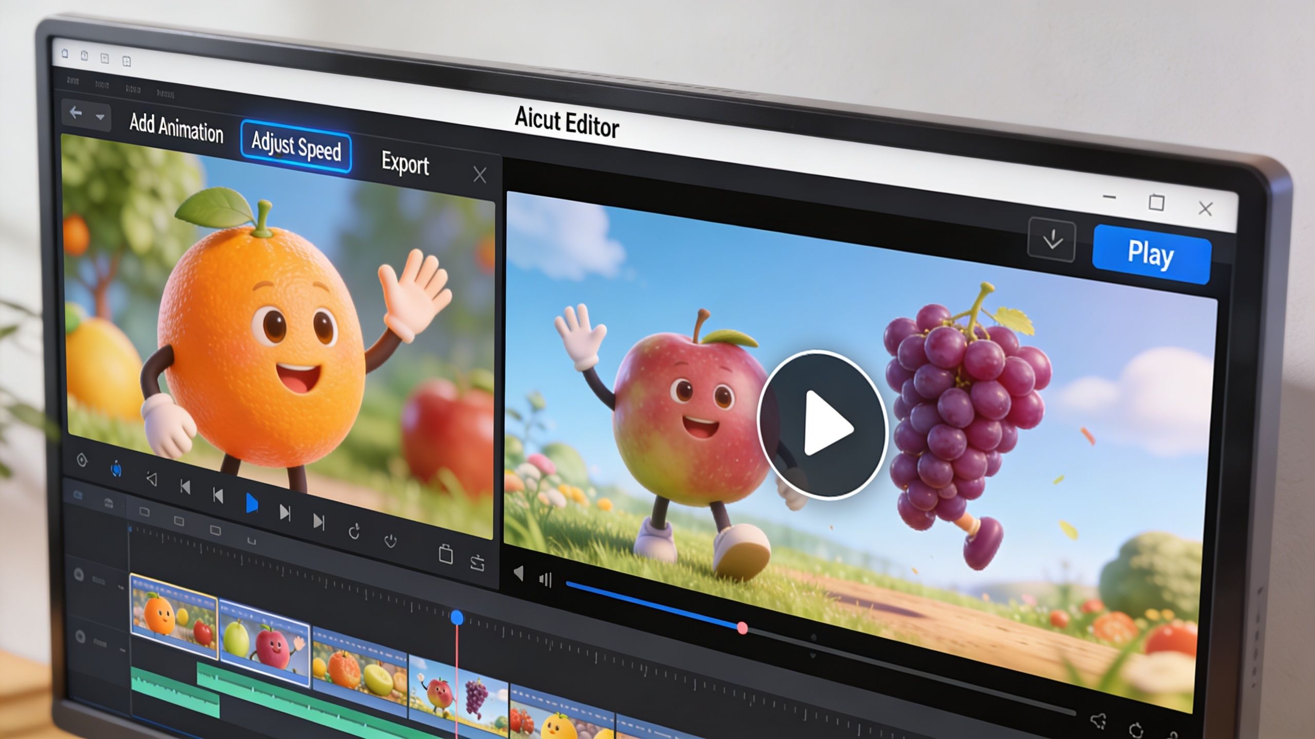 A digital screen showing the Aicut Editor interface, featuring an animated fruit character video editing workspace.