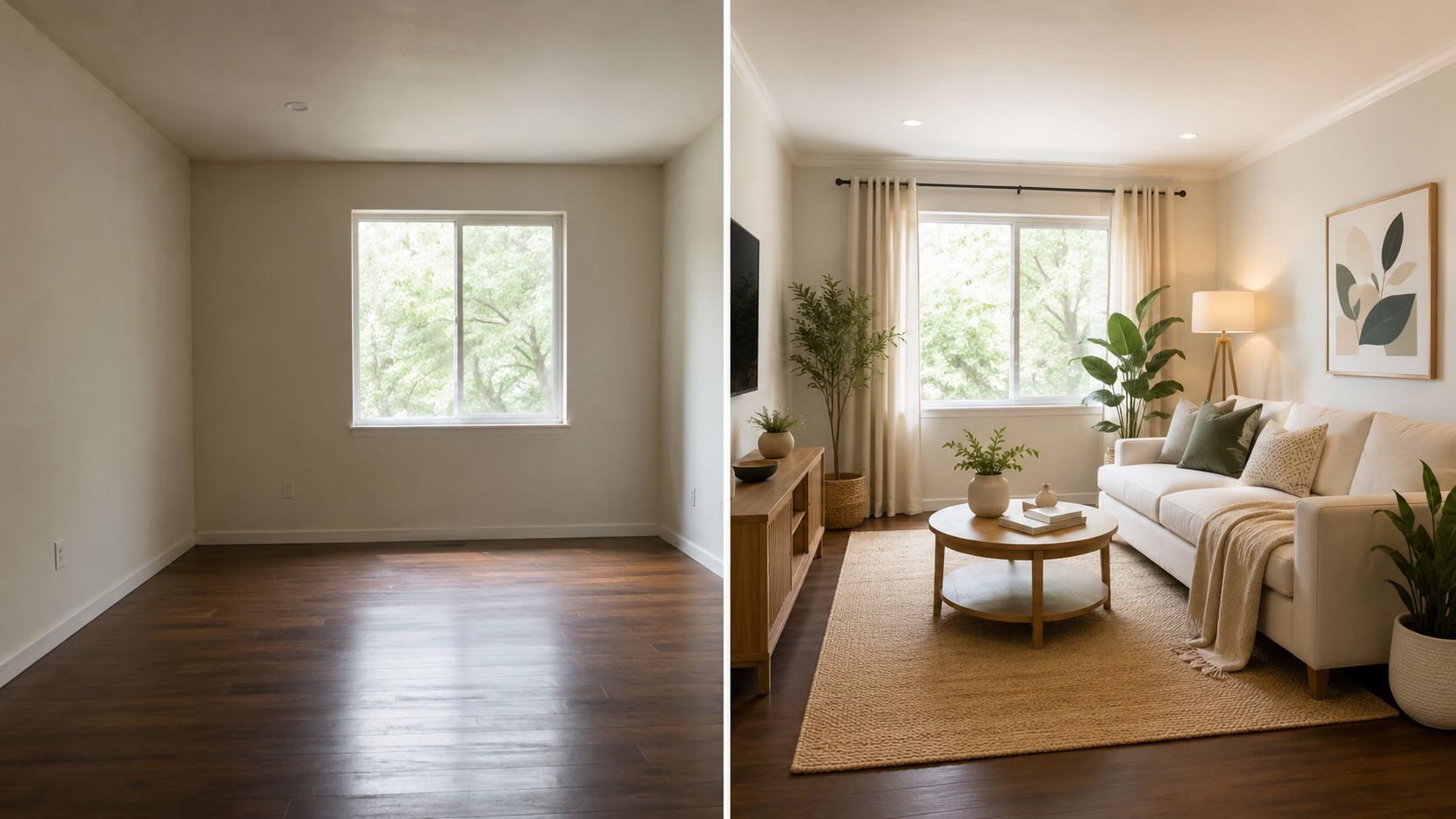 A split view showing an empty room before staging and the same space furnished as a cozy living room.