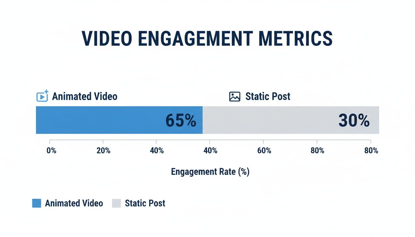 Bar chart comparing video engagement metrics: animated video achieves 65% engagement, static post 30%.