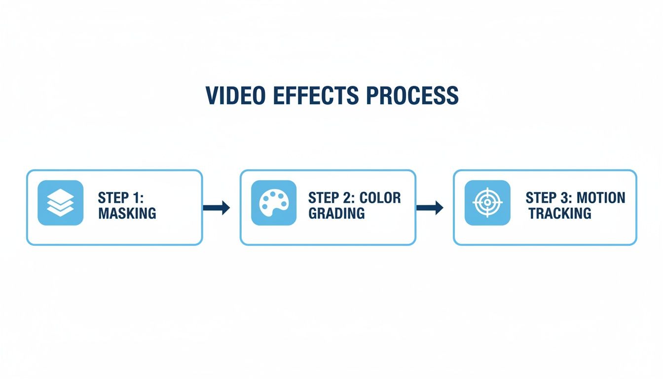 A flowchart outlining the video effects process, detailing steps like masking, color grading, and motion tracking.