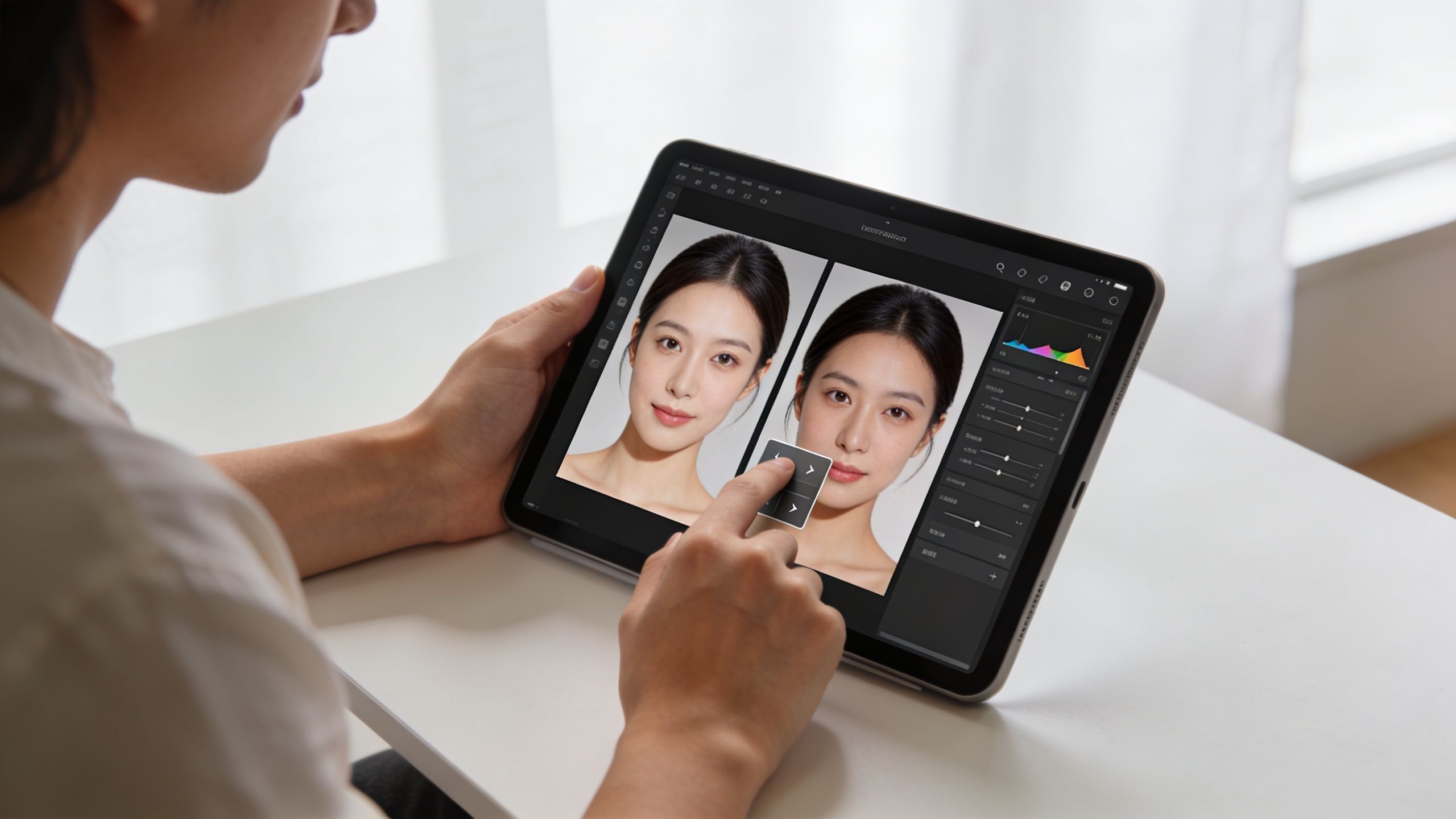 A person using a tablet to edit a portrait photo using professional face changing software tools.