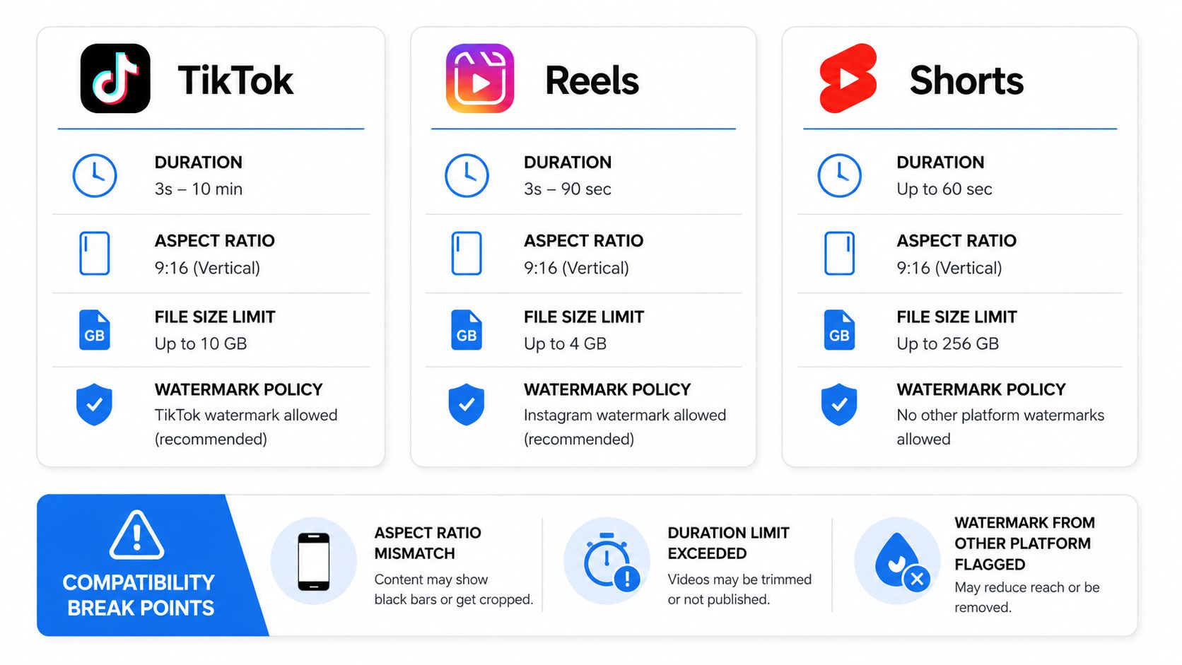 A comparison chart showing video specifications for TikTok, Instagram Reels, and YouTube Shorts content distribution platforms.