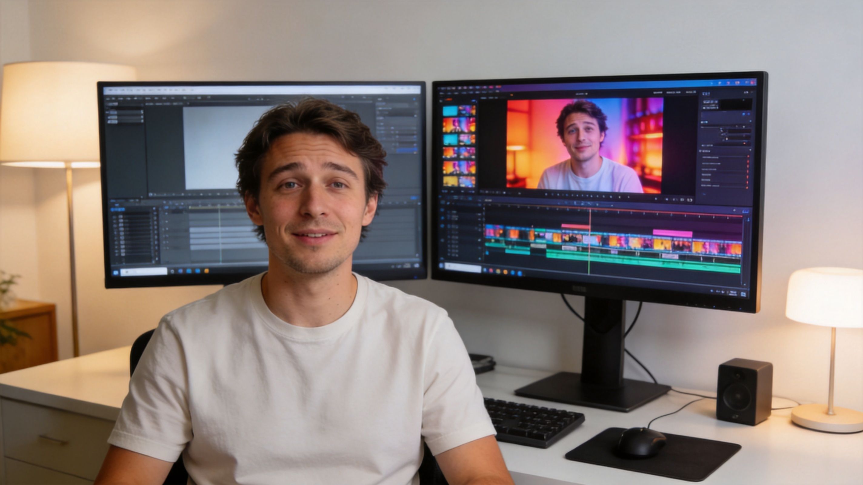 A video editor sitting at his desk working on professional color grading in a editing software program.