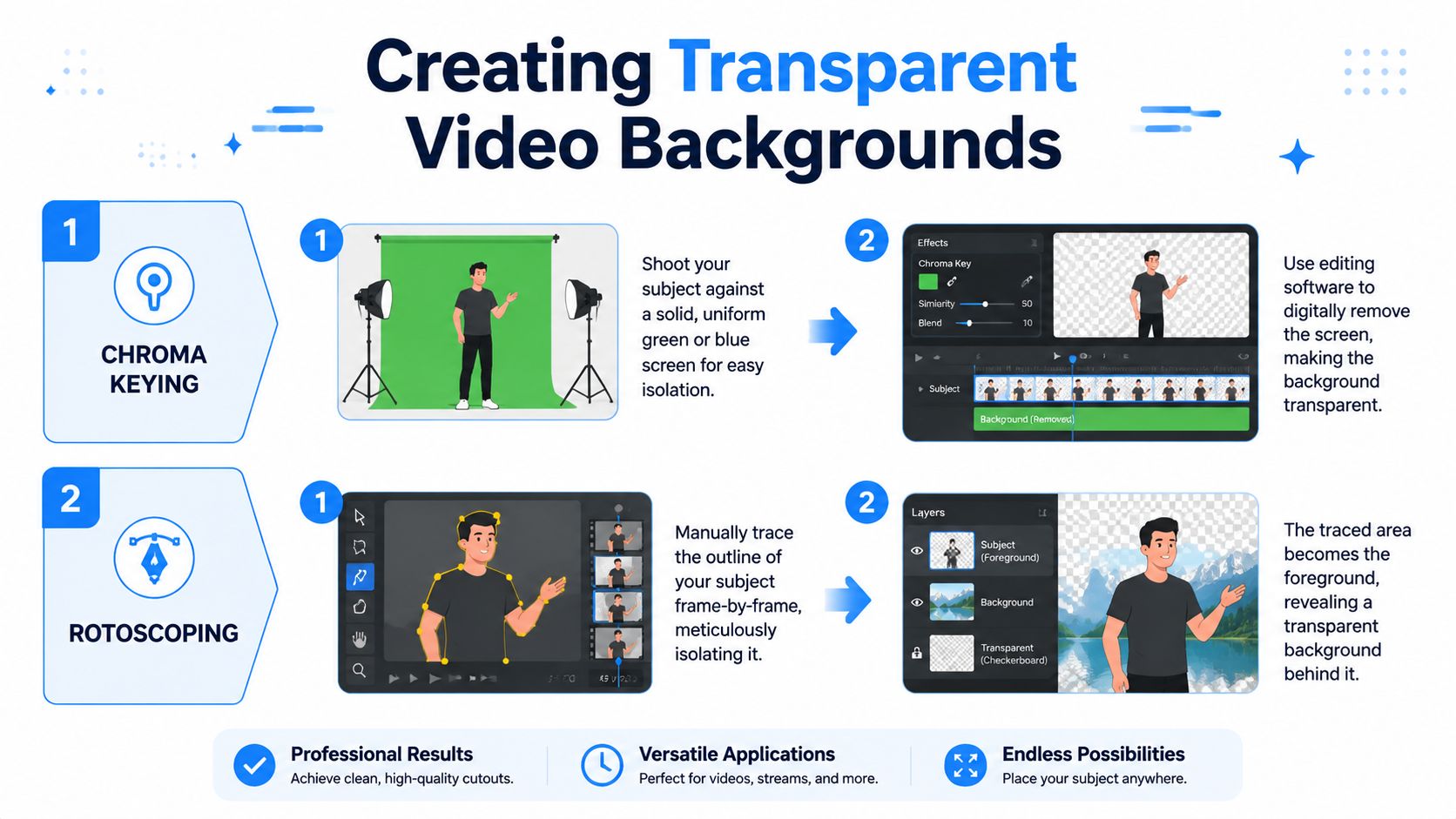 An infographic explaining how to create transparent video backgrounds using chroma keying and rotoscoping techniques.