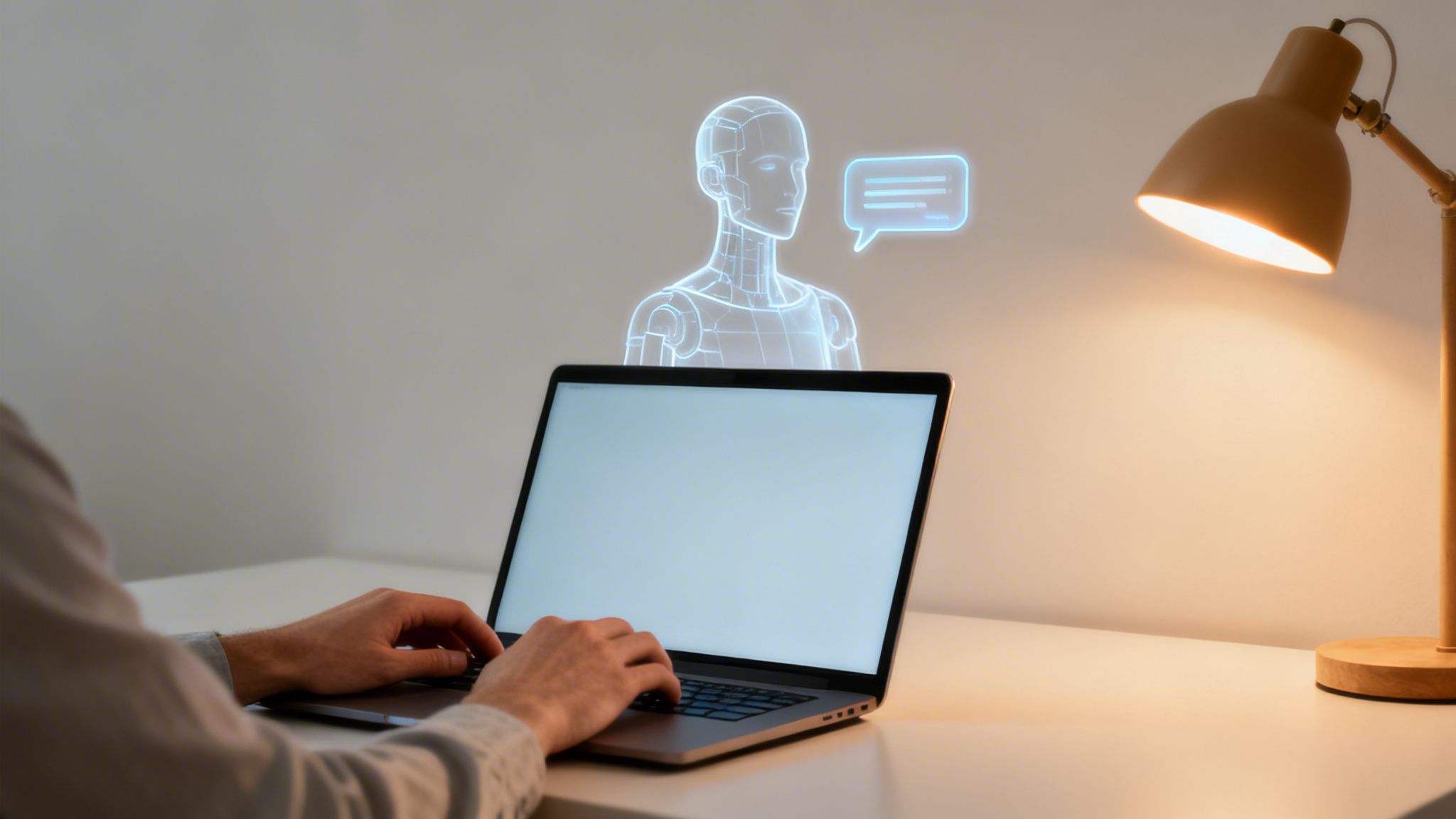 Person typing on a laptop with a glowing holographic AI chatbot and a desk lamp on a white desk.