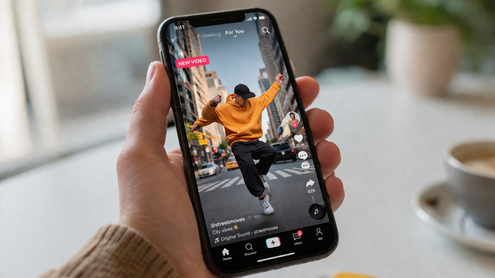 A hand holding a smartphone displaying a social media video feed with a dancer in a city.