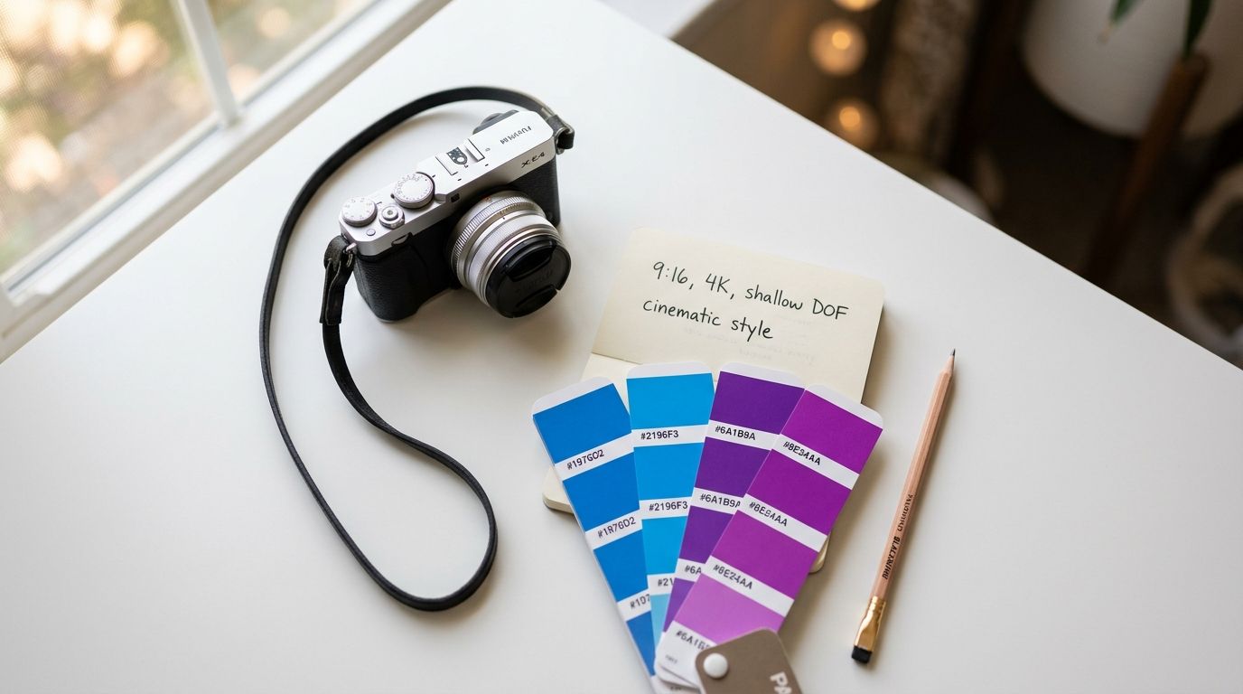 A professional camera and a color palette fan resting on a white desk with a pencil.