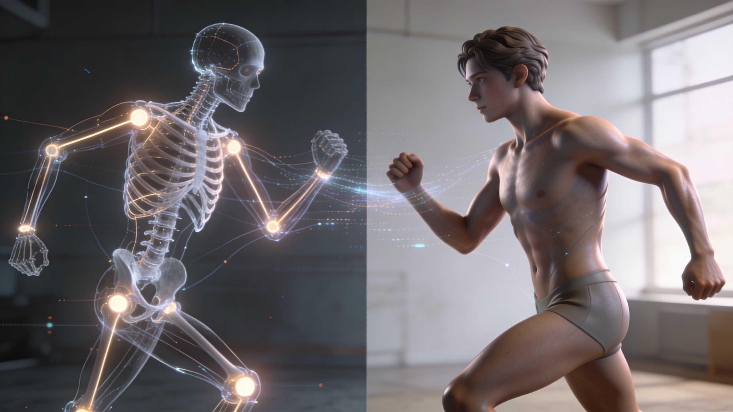 A split screen showing a digital skeleton and a fit man demonstrating motion capture technology for animation.