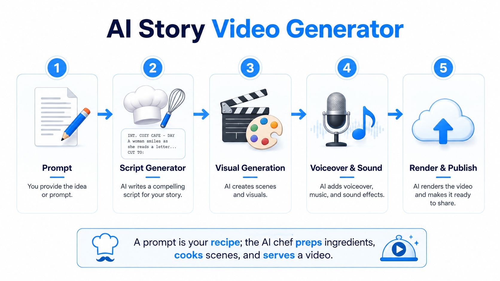 A diagram illustrating the five-step process of an AI story video generator, from prompt to final render.