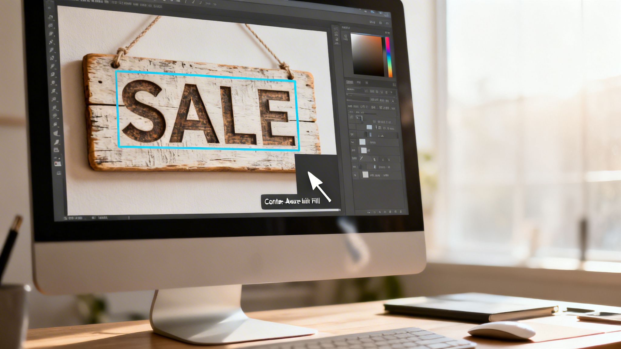 A computer screen shows photo editing software removing 'SALE' text from a wooden sign.