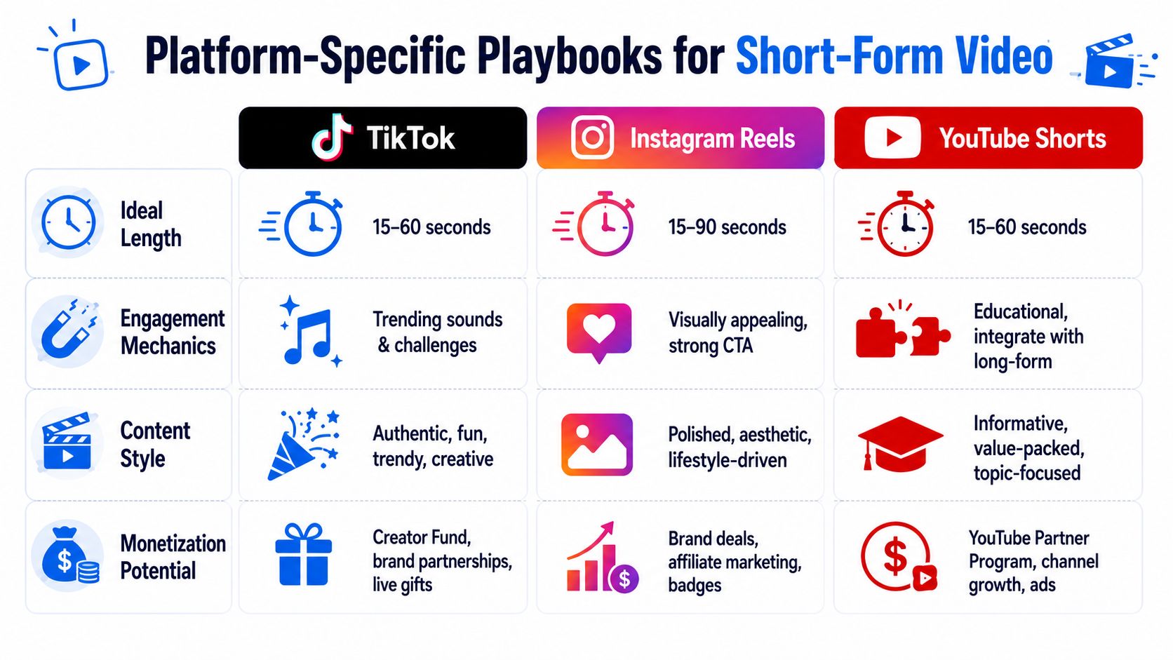A comparison chart outlining content strategy best practices for TikTok, Instagram Reels, and YouTube Shorts platforms.