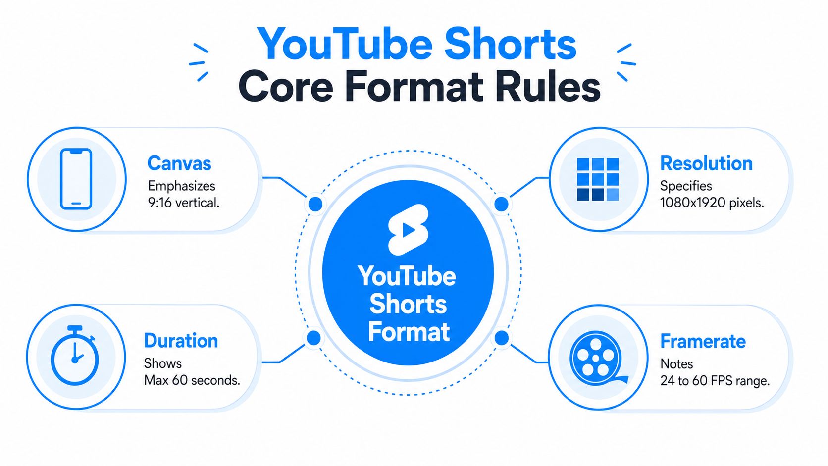 An infographic detailing the core format rules for YouTube Shorts, including canvas, resolution, duration, and framerate requirements.