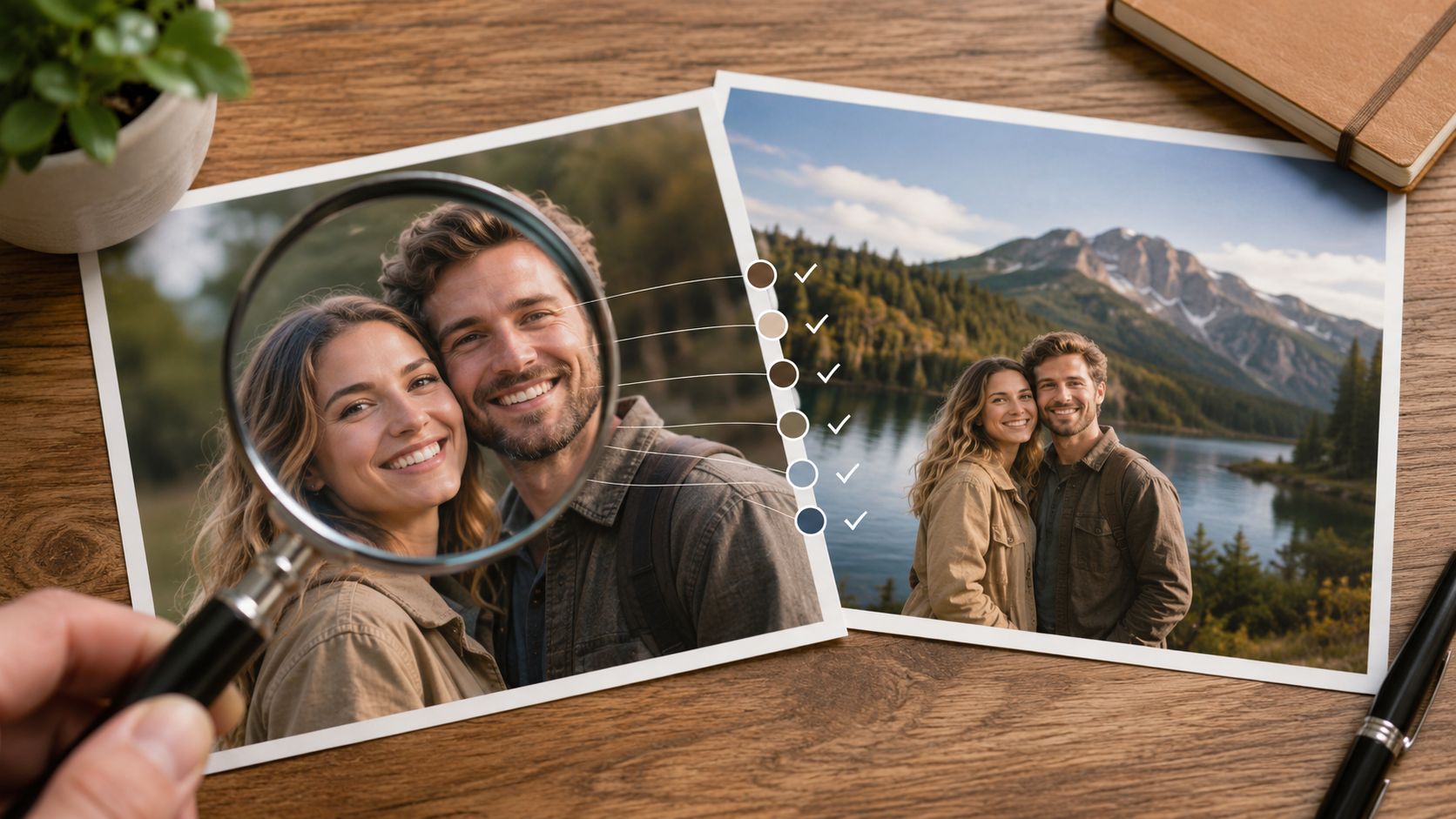 A magnifying glass focusing on a couple in a photograph, next to a color palette selector.