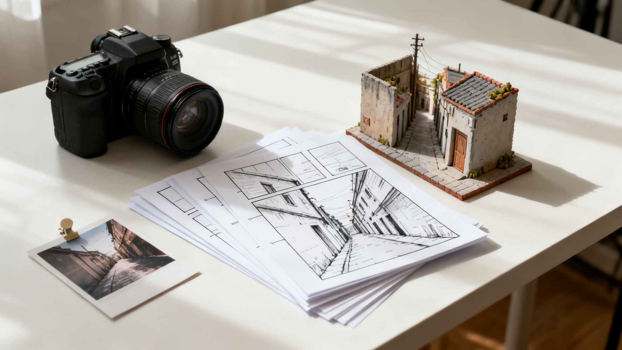 A creative workspace featuring a camera, architectural drawings, a miniature street model, and a photo print.