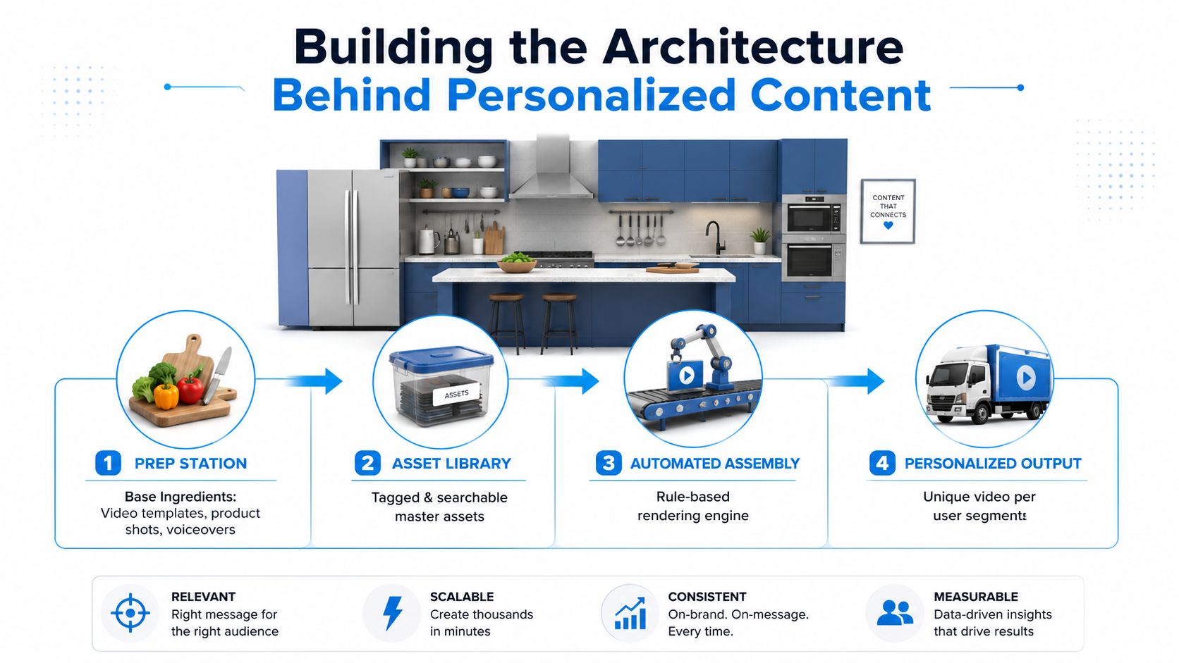 A diagram illustrating the four-step architecture behind creating personalized content, featuring a kitchen metaphor.