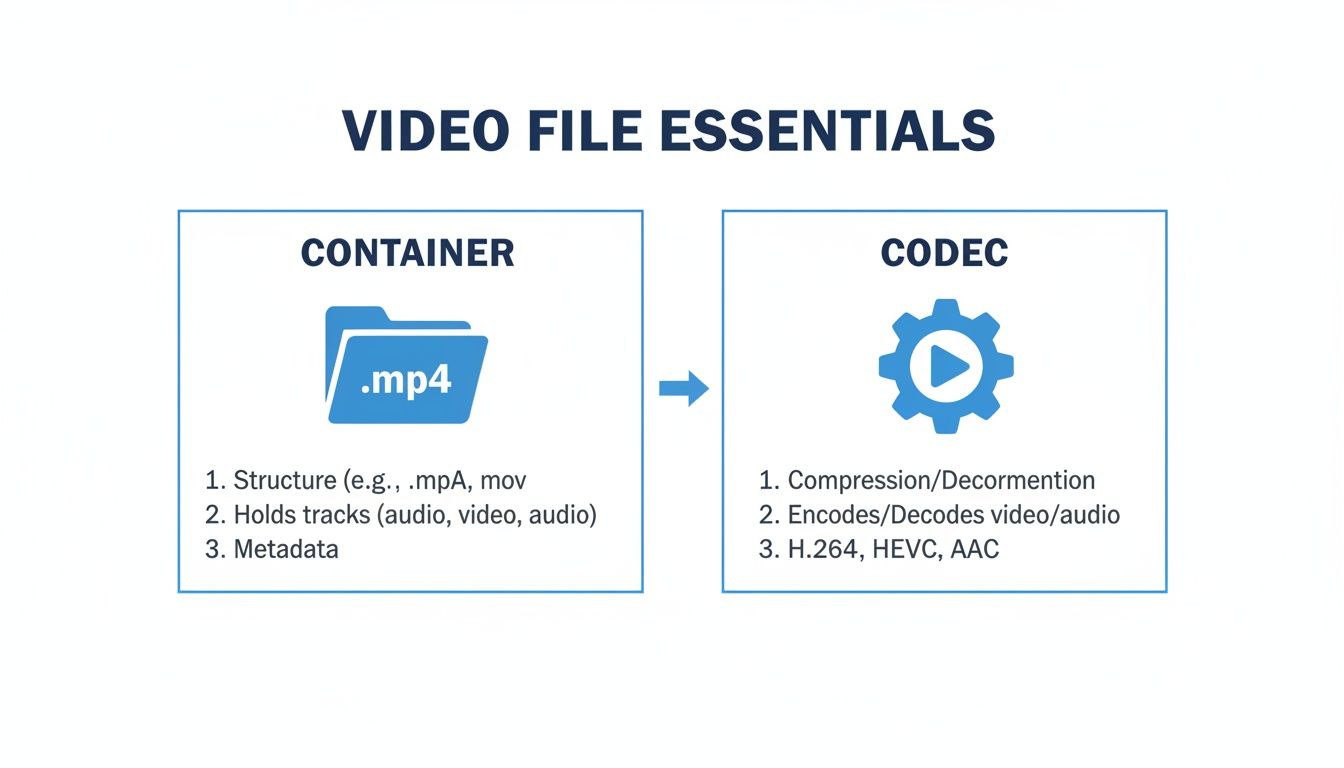 Diagram illustrating video file essentials, distinguishing between container formats like MP4 and codecs such as H.264.