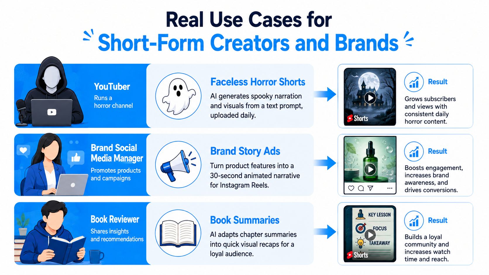 A diagram illustrating three real-world use cases for AI-powered short-form video generation for creators and brands.
