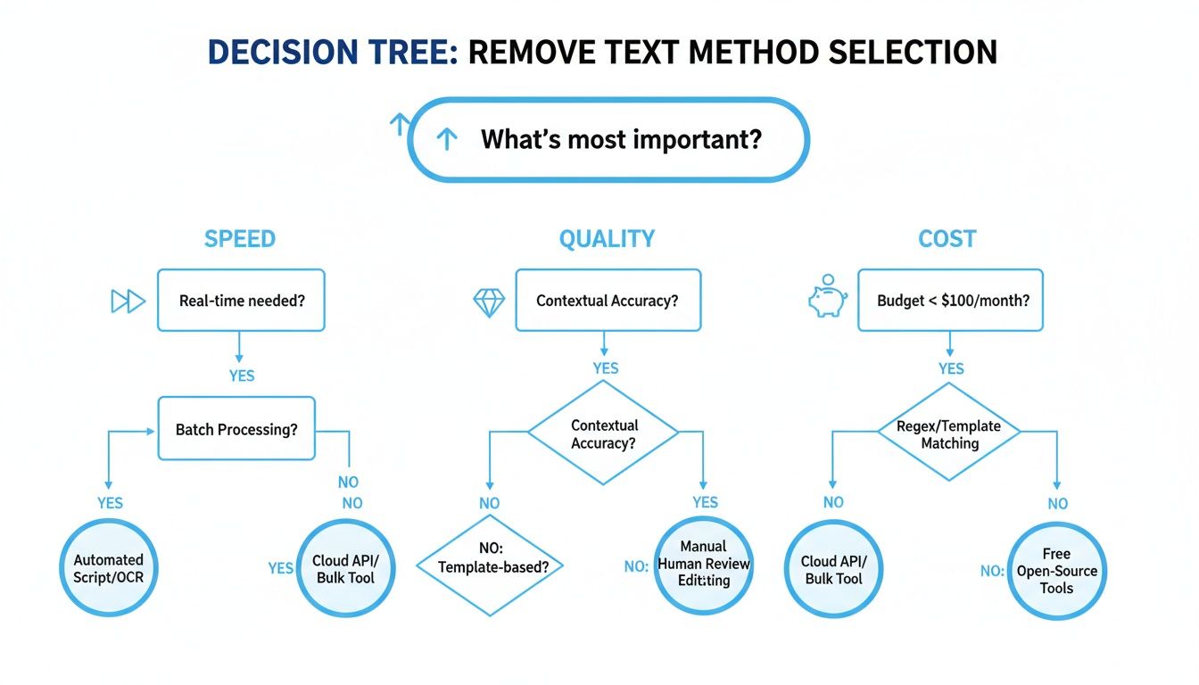 A decision tree diagram for selecting text removal methods based on speed, quality, and cost.