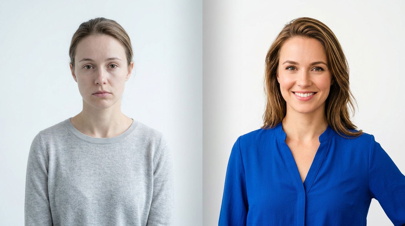 A side-by-side comparison showing a person with and without professional makeup and styling for a portrait.