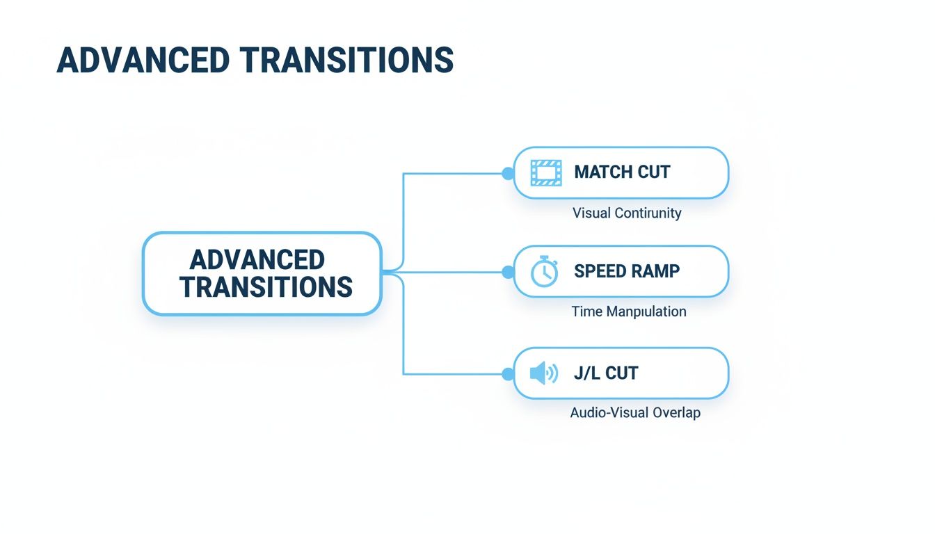 Diagram explaining advanced video transitions: match cut (visual continuity), speed ramp (time manipulation), and J/L cut (audio-visual overlap).