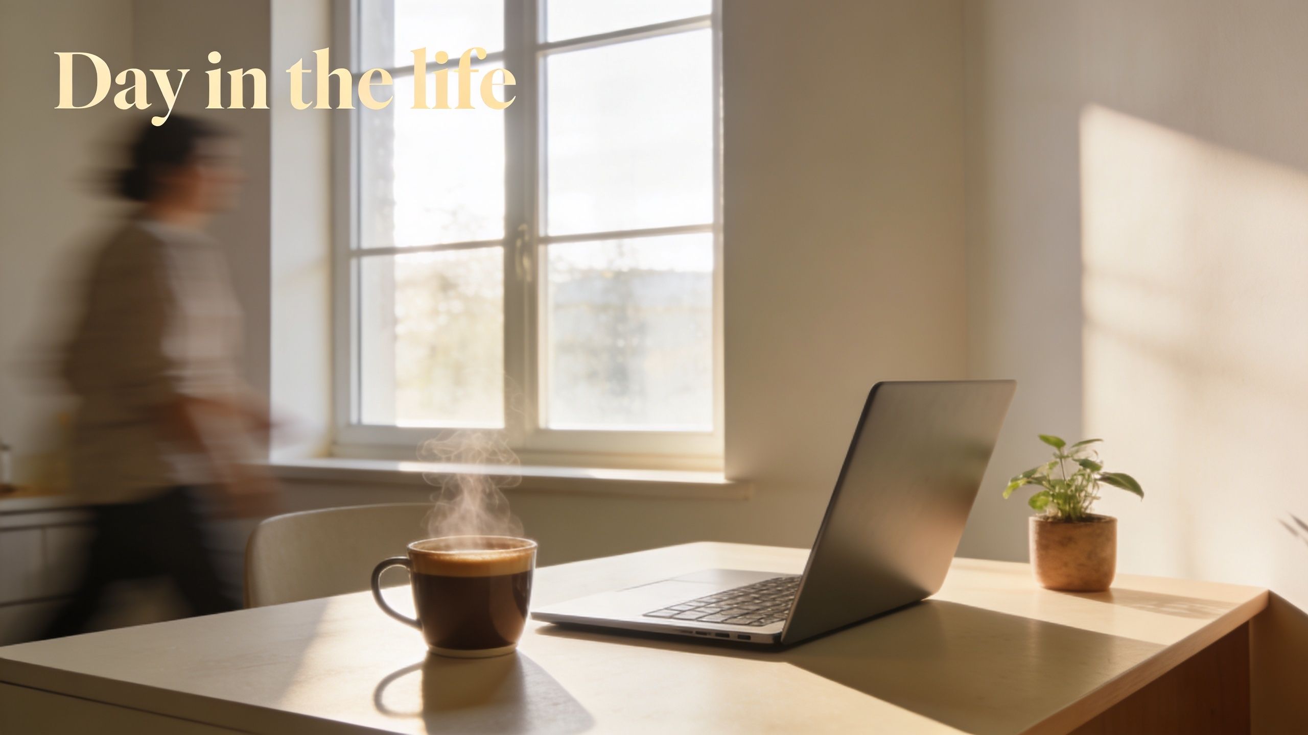 A steaming cup of coffee and a laptop sit on a table, with a blurred person moving by.