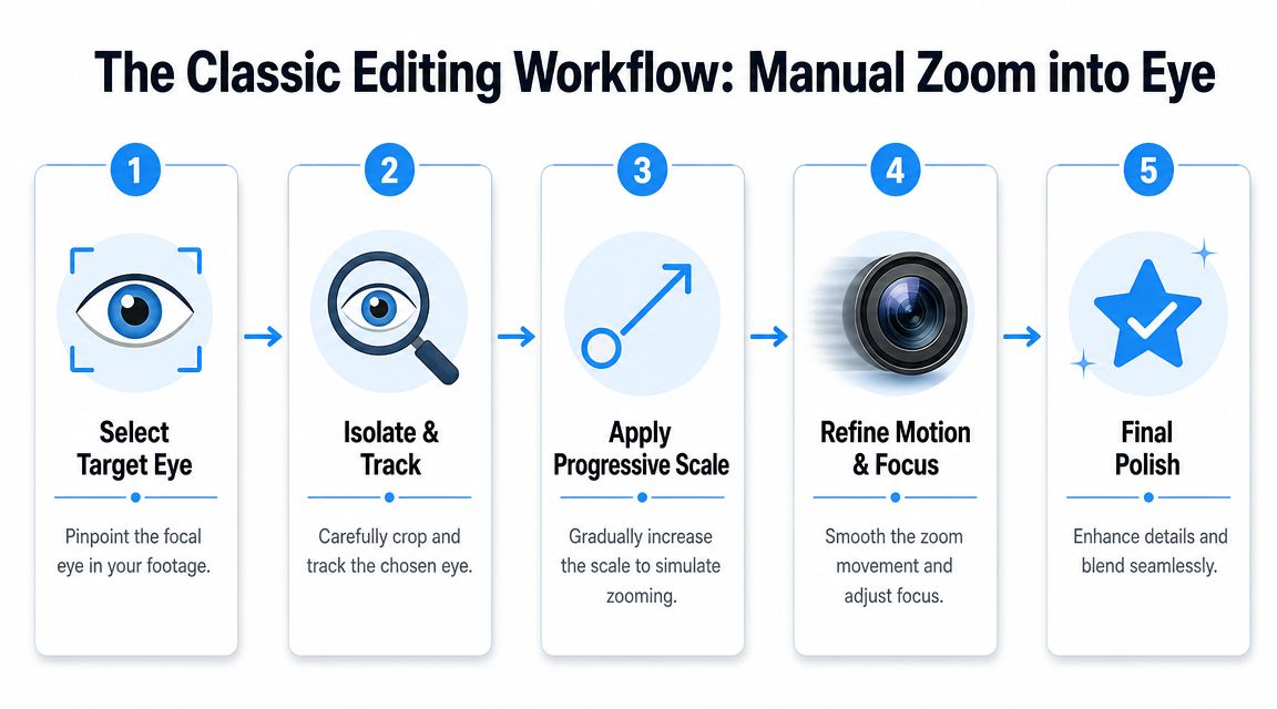 A five-step infographic showing the professional editing workflow for creating a manual zoom into an eye effect.