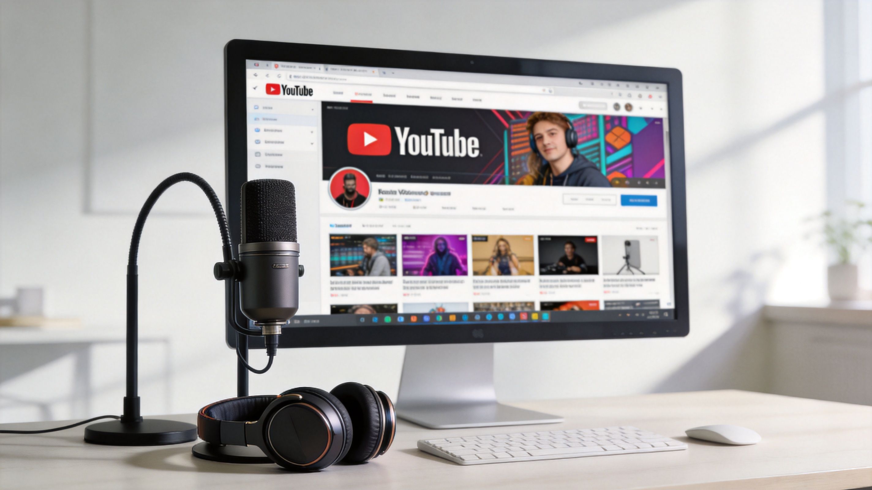 A modern workspace setup with a professional microphone, headphones, and a monitor displaying a YouTube channel page.
