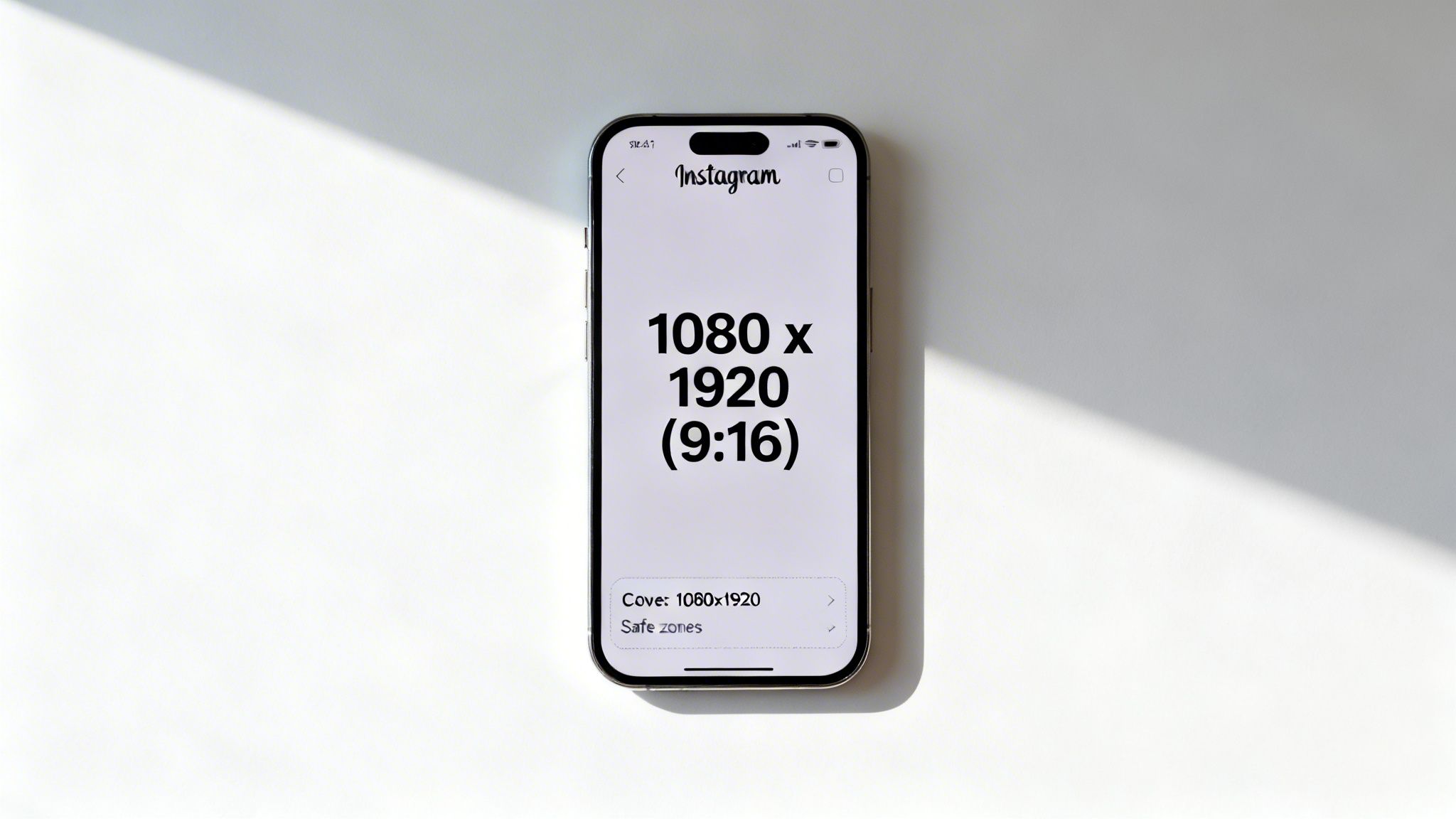 An iPhone displaying Instagram app with optimal video dimensions 1080x1920 (9:16) and safe zones.