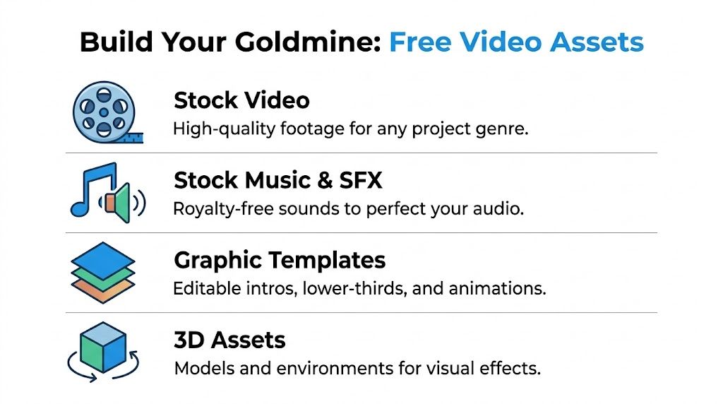 An infographic titled Build Your Goldmine displaying categories of free video assets like stock, audio, and 3D.