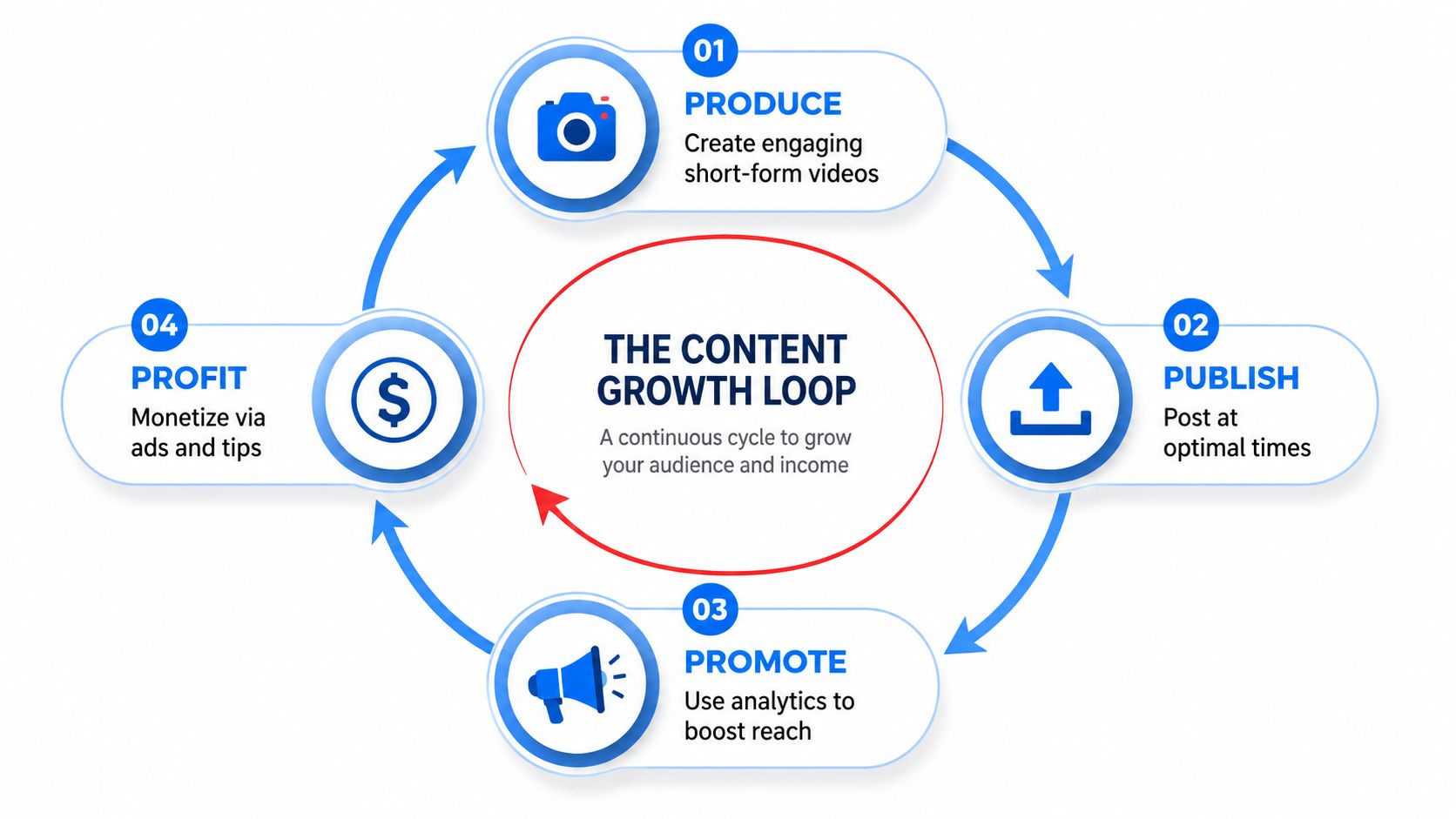 A diagram of the content growth loop for creators, showing four steps: produce, publish, promote, and profit.