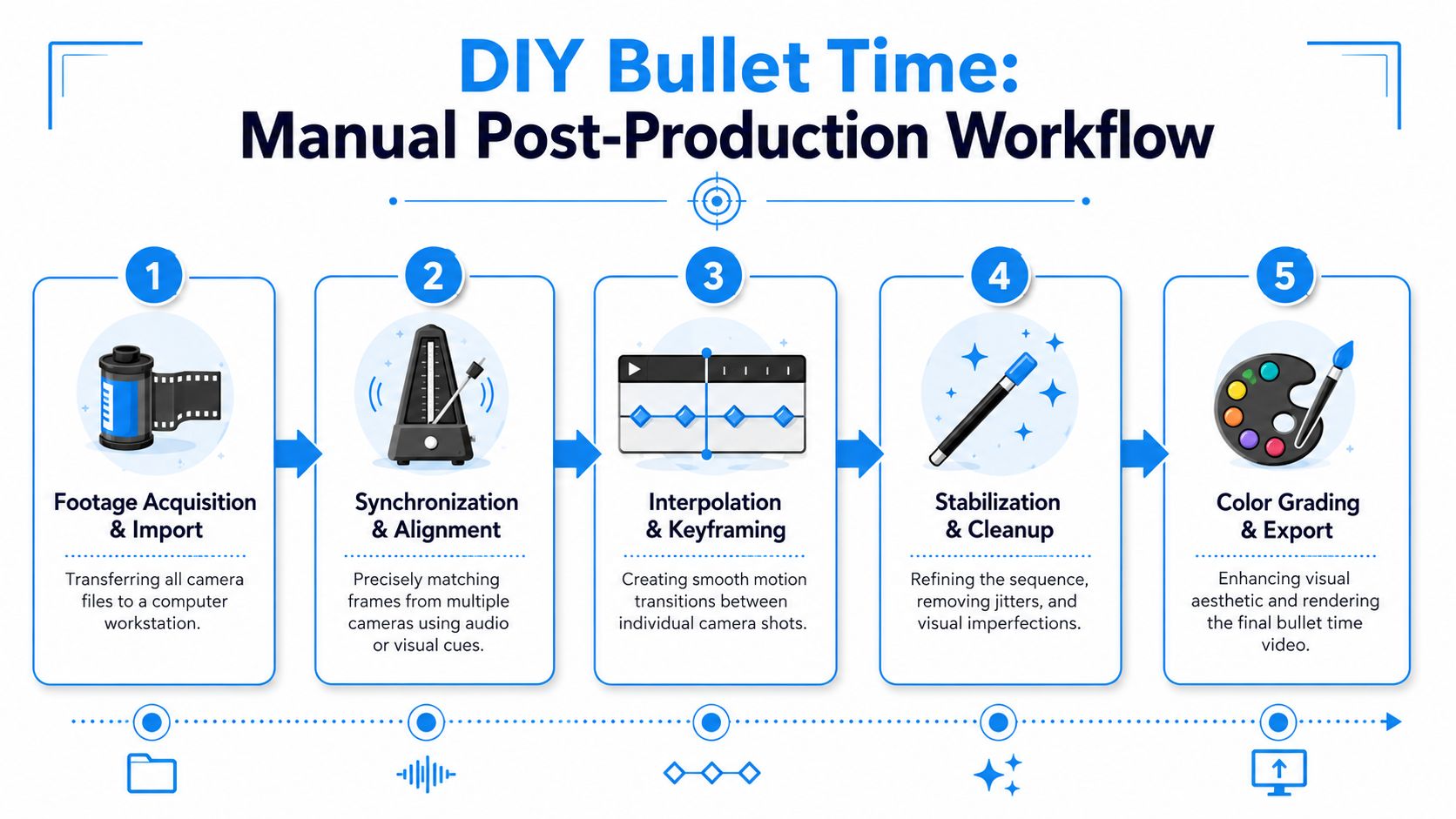 A five-step flowchart illustrating the manual post-production workflow for creating a professional DIY bullet time video effect.