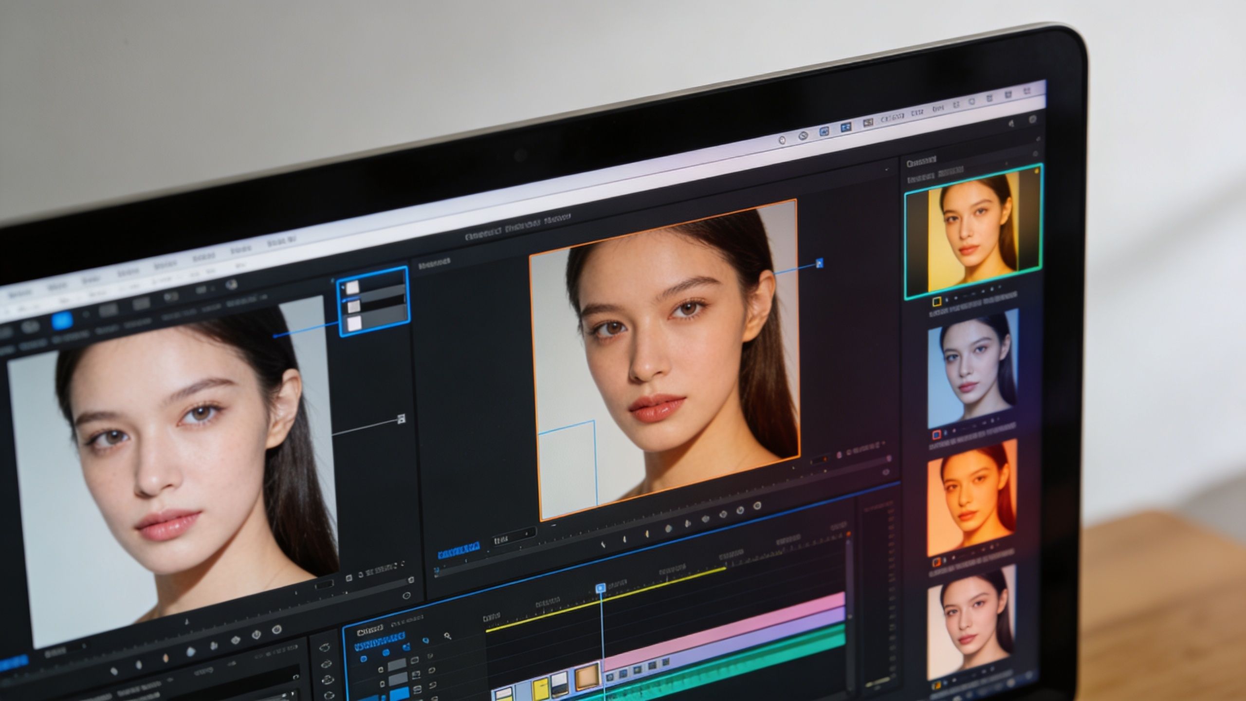 A computer monitor displaying video editing software with multiple shots of a woman's face during retouching.