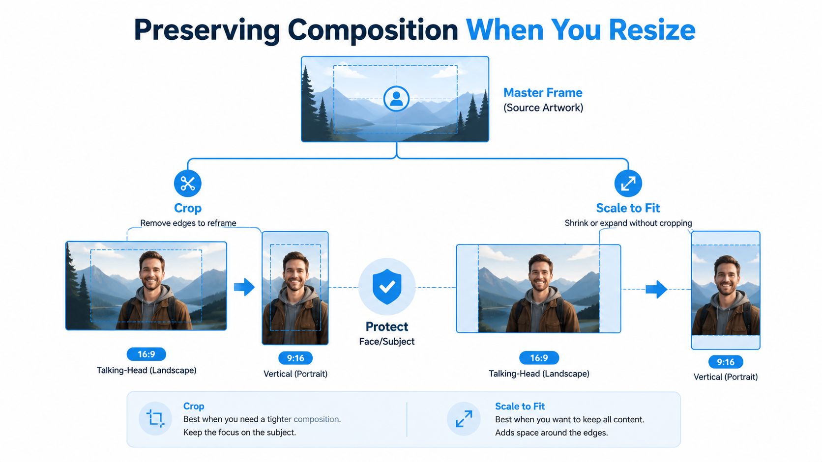 A diagram illustrating how to preserve composition when resizing media using crop and scale to fit techniques.