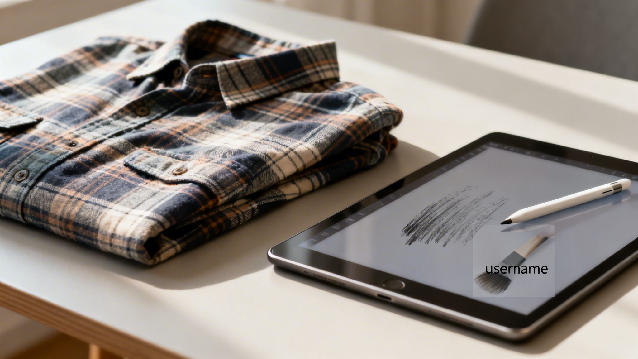 A folded plaid flannel shirt next to a digital tablet with a stylus on a light table.